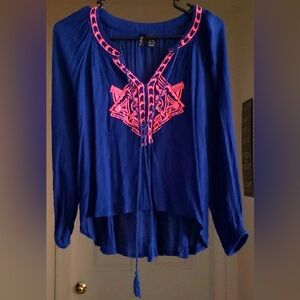 Fun & Flirt Blue Boho Embroidered Blouse Size S Peasant Top Tassel Tunic